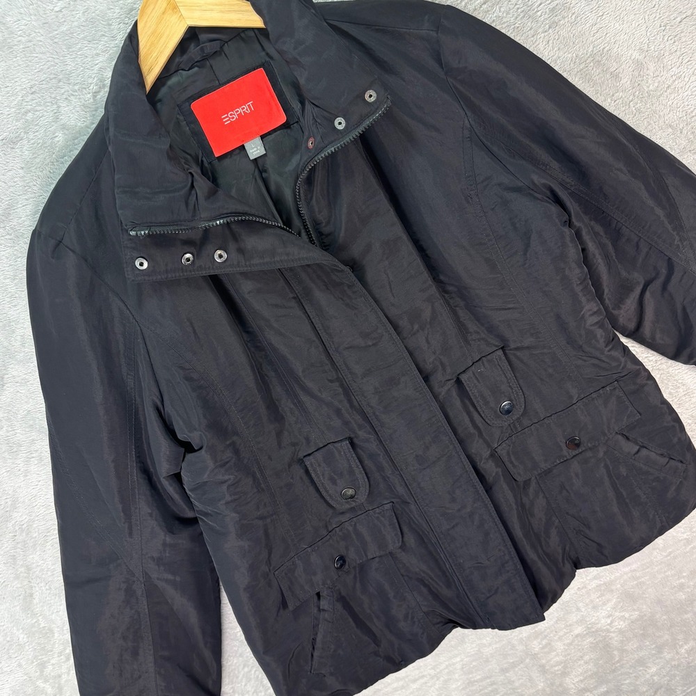 Esprit Women's Black Puffer Jacket Snap‎ Zip Front Utility Style Sz L Casual